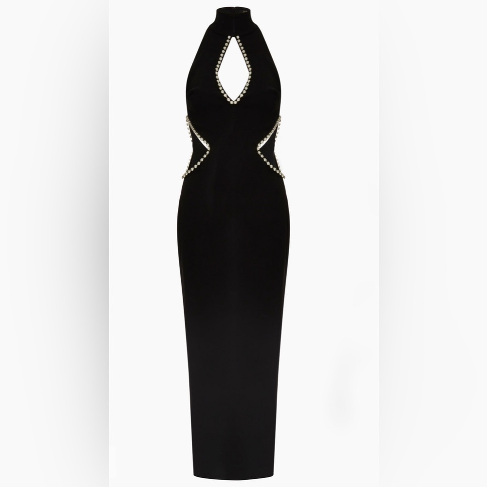 Black Embellished Halter Midi Dress